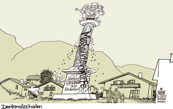 Oliver Schopf politische Karikatur 2025: Posthum wird der SOS-Kinderdorfgründer Hermann Gmeiner mit dokumentierten Missbrauchsvorwürfen konfrontiert. Ein Säulenheiliger gerät ins Wanken.
 Oliver Schopf, politischer Karikaturist aus Österreich, politische Karikaturen aus Österreich, Karikatur Cartoon Illustrationen Politik Politiker Österreich Cartoon Movement, @oliverschopf.bsky.social 2025: SOS KINDERDORF HERMANN GMEINER GRÜNDER MISSBRAUCHSVORWÜRFE SÄULE SÄULENHEILIGER DENKMAL RISSE BRÖCKELN BRÖSELN