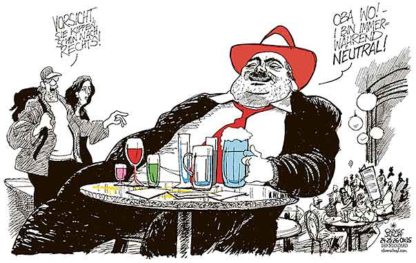  Oliver Schopf, politischer Karikaturist aus Österreich, politische Karikaturen, Illustrationen Archiv politische Karikatur Österreich: 2015 NATIONALFEIERTAG NEUTRALITÄT 26.  OKTOBER HERR KARL RECHTSRUCK WIENER KAFFEEHAUS TRINKEN ROT WEISS ROT 


