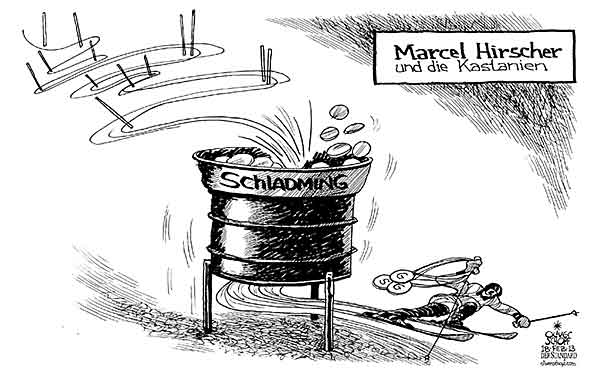  Oliver Schopf, politischer Karikaturist aus Österreich, politische Karikaturen, Illustrationen Archiv politische Karikatur Österreich Sport 2013 SKI-WM SCHLADMING 2013 HIRSCHER MARCEL SLALOM GOLD PLANAI KASTANIEN AUS DEM FEUER HOLEN


