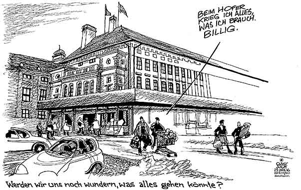 Oliver Schopf, politischer Karikaturist aus Österreich, politische Karikaturen aus Österreich, Karikatur Cartoon Illustrationen Politik Politiker Österreich 2016 : BUNDESPRÄSIDENTENWAHL 2016 HOFBURG NORBERT HOFER WAHLGANG SUPERMARKT EINKAUFEN BILLIG 




