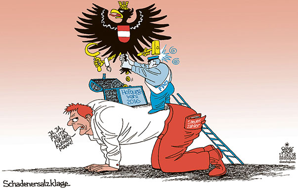 Oliver Schopf, politischer Karikaturist aus Österreich, politische Karikaturen aus Österreich, Karikatur Cartoon Illustrationen Politik Politiker Österreich 2018 : FPÖ SCHADENERSATZKLAGE BUNDESPRÄSIDENTENWAHL 2016 REPUBLIK BUNDESADLER STEUERZAHLER AUF DEM RÜCKEN POLITIK FÜR DEN KLEINEN MANN
