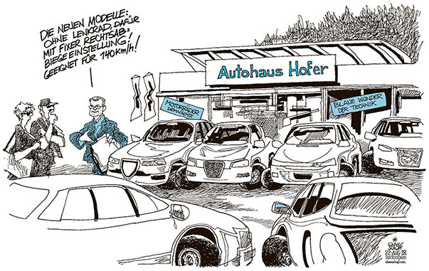  Oliver Schopf, politischer Karikaturist aus Österreich, politische Karikaturen, Illustrationen, Cartoon Archiv politische Karikatur Österreich 2018 NORBERT HOFER INFRASTRUKTURMINISTER RECHTSABBIEGEN TEMPO 140 TEST AUTOHAUS MODELLE FAHRZEUGE WUNDERN
       