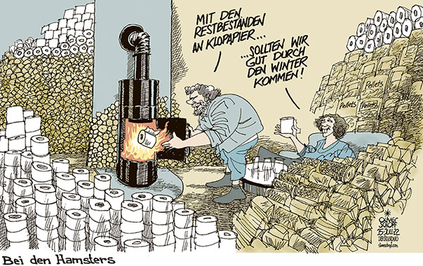 Oliver Schopf, politischer Karikaturist aus Österreich, politische Karikaturen aus Österreich, Karikatur Cartoon Illustrationen Politik Politiker Österreich 2022: ENERGIE ENERGIEKNAPPHEIT KLOPAPIER PANDEMIE CORONA HOLZ PELLETS HAMSTERN HORTEN WINTER HEIZEN SCHWEDENOFEN WOHNZIMMER SCHÖNER WOHNEN

