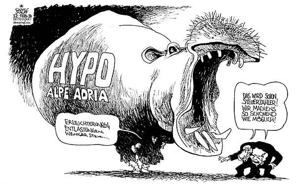 Oliver Schopf politische Karikatur: Österreich - Hypo-Alpa-Adria und der Steuerzahler Oliver Schopf, politischer Karikaturist aus Österreich, politische Karikaturen aus Österreich, Karikatur Cartoon Illustrationen Politik Politiker Österreich 2014: HYPO GROUP ALPE ADRIA BAD BANK ANSTALT STEUERZAHLER FLUSSPFERD BELASTUNG FAYMANN SPINDELEGGER