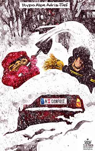 Oliver Schopf, politischer Karikaturist aus Österreich, politische Karikaturen aus Österreich, Karikatur Cartoon Illustrationen Politik Politiker Österreich 2014: HYPO ALPE ADRIA WETTER SCHNEE SCHNEIEN FAYMANN SPINDELEGGER NULLDEFIZIT AUTO WINTER 