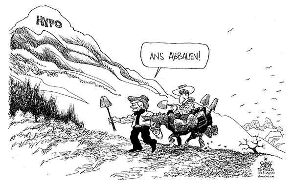 Oliver Schopf politische Karikatur: Österreich - Hypo Alpe Adria die Bad-Bank-Lösung Oliver Schopf, politischer Karikaturist aus Österreich, politische Karikaturen aus Österreich, Karikatur Cartoon Illustrationen Politik Politiker Österreich 2014: HYPO GROUP ALPE ADRIA SCHULDENBERG REGIERUNG KOALITION FAYMANN SPINDELEGGER ABBAUGESELLSCHAFT ESEL SCHUERFEN SCHAUFEL