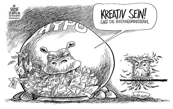 Oliver Schopf, politischer Karikaturist aus Österreich, politische Karikaturen aus Österreich, Karikatur Cartoon Illustrationen Politik Politiker Österreich 2014: HYPO GROUP ALPE ADRIA EULE BILDUNG GELD SPAREN BILDUNGSMINITERIN FLUSSPFERD UHU
