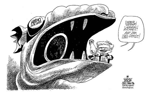 Oliver Schopf politische Karikatur: Österreich - Hypo Alpe Adria und das Null-Defizit Oliver Schopf, politischer Karikaturist aus Österreich, politische Karikaturen aus Österreich, Karikatur Cartoon Illustrationen Politik Politiker Österreich 2014: REGIERUNG KOALITION FAYMANN SPINDELEGGER BUDGET STEUERPAKET HYPO ALPE ADRIA LINDWURM KLAGENFURT