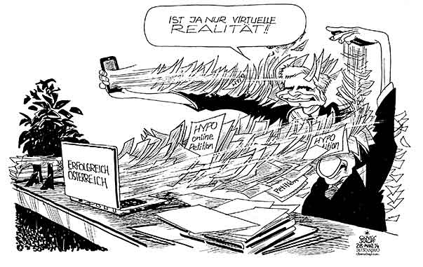Oliver Schopf politische Karikatur: Österreich - Hypo Alpe Adria und die Online-Petition Oliver Schopf, politischer Karikaturist aus Österreich, politische Karikaturen aus Österreich, Karikatur Cartoon Illustrationen Politik Politiker Österreich 2014: REGIERUNG FAYMANN SPINDELEGGER ONLINE PETITION HYPO GROUP ALPE ADRIA U-AUSSCHUSS PARLAMENT ERFOLGREICH OESTERREICH COMPUTER HANDY