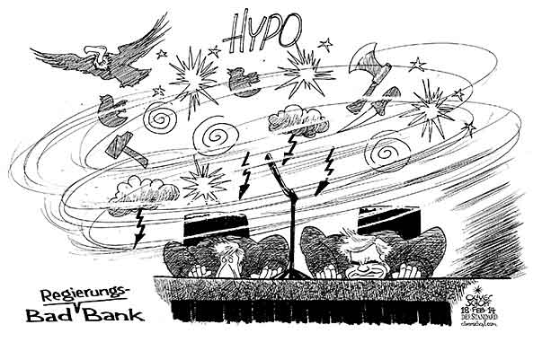 Oliver Schopf politische Karikatur: Österreich - Die Regierung und die Hypo-Alpe-Adria Oliver Schopf, politischer Karikaturist aus Österreich, politische Karikaturen aus Österreich, Karikatur Cartoon Illustrationen Politik Politiker Österreich 2014: HYPO GROUP ALPE ADRIA PARLAMENT SITZUNG DRINGLICHE REGIERUNGSBANK FAYMANN SPINDELEGGER DISKUSSION DECKUNG U-AUSSCHUSS BAD BANK TWITTER