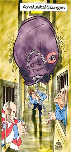 Oliver Schopf, politischer Karikaturist aus Österreich, politische Karikaturen aus Österreich, Karikatur Cartoon Illustrationen Politik Politiker Österreich 2014: HYPO GROUP ALPE ADRIA SPINDLEGGER ULI HOENESS ERNST STRASSER ANSTALT ANSTALTSLOESUNG GEFAENGNIS HAEFN KNAST FLUSSPFERD 