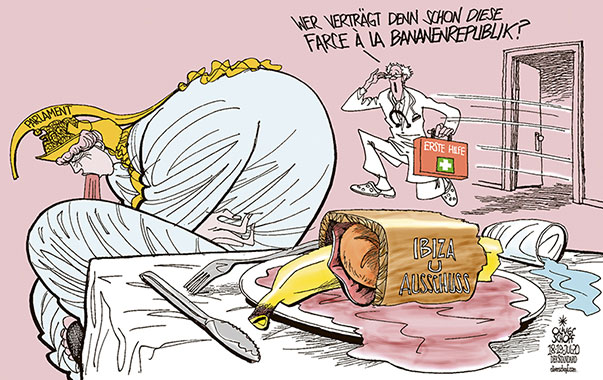  Oliver Schopf, politischer Karikaturist aus Österreich, politische Karikaturen, Illustrationen Archiv politische Karikatur Österreich 2020 IBIZA U AUSSCHUSS PARLAMENT ESSEN SPEISE FARCE FÜLLUNG BANANE BANANENREPUBLIK ÜBELKEIT ERBRECHEN ARZT ERSTE HILFE KOFFER 


