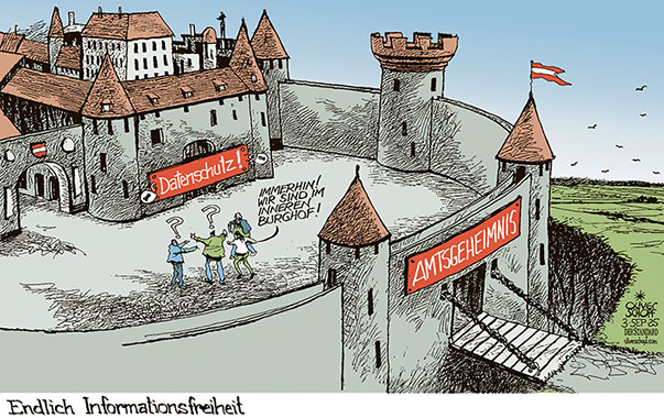 Oliver Schopf, politischer Karikaturist aus Österreich, politische Karikaturen aus Österreich, Karikatur Cartoon Illustrationen Politik Politiker Österreich Cartoon Movement, @oliverschopf.bsky.social 2025: INFORMATIONSFREIHEITSGESETZ IFG AMTSGEHEIMNIS INFORMATIONEN DATENSCHUTZ ZUGANG ABFRAGEN BURG INNERER BURGHOF ZUGBRÜCKE
































