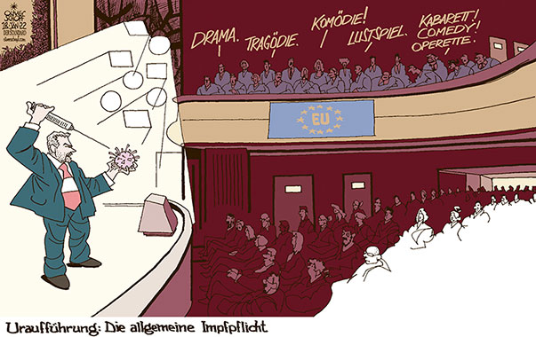 Oliver Schopf, politischer Karikaturist aus Österreich, politische Karikaturen aus Österreich, Karikatur Cartoon Illustrationen Politik Politiker Österreich 2022: CORONA VIRUS PANDEMIE SARS-CoV-2 COVID-19 IMPFPFLICHT THEATER BÜHNE BUNDESKANZLER KARL NEHAMMER ZUSCHAUERRAUM BALKON MUPPETS LOGE EU EUROPÄISCHE UNION URAUFFÜHRUNG


