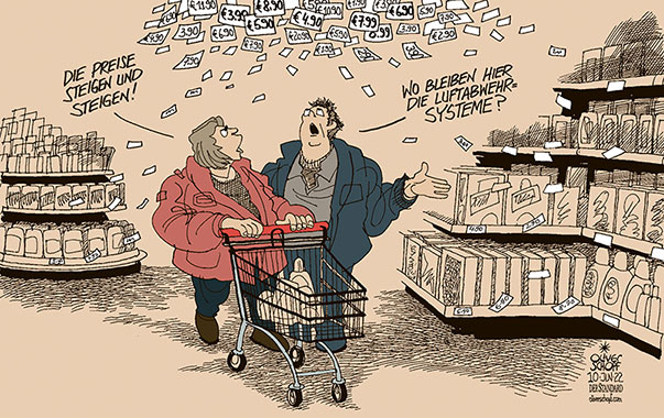 Oliver Schopf, politischer Karikaturist aus Österreich, politische Karikaturen aus Österreich, Karikatur Cartoon Illustrationen Politik Politiker Österreich 2022: INFLATION HOHE STEIGENDE PREISE SUPERMARKT EINKAUFEN LEBENSMITTEL UKRAINE KRIEG LUFTABWEHR
