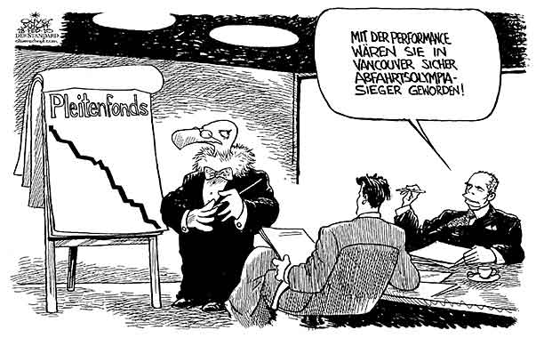 Oliver Schopf, politischer Karikaturist aus Österreich, politische Karikaturen aus Österreich, Karikatur, Illustrationen Politik Politiker Österreich 2010: insolvenzentgeltsfonds pleitenfonds pleitegeier meeting flipchart kurve abfahrt