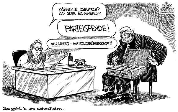 Oliver Schopf, politischer Karikaturist aus Österreich, politische Karikaturen aus Österreich, Karikatur, Illustrationen Politik Politiker Österreich 2010: integration, nationaler aktionsplan integration, deutsch, parteispende, staatsbuergerschaft