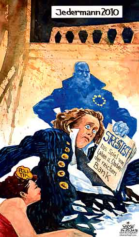 Oliver Schopf, politischer Karikaturist aus Österreich, politische Karikaturen aus Österreich, Karikatur, Illustrationen Politik Politiker Österreich 2010: salzburg festspiele jedermann buhlschaft tod stresstest banken eu