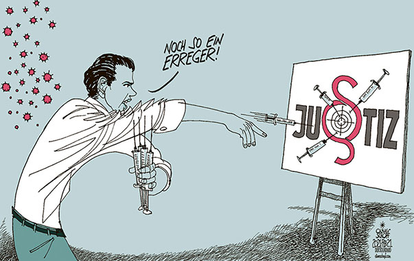 Oliver Schopf, politischer Karikaturist aus Österreich, politische Karikaturen aus Österreich, Karikatur Cartoon Illustrationen Politik Politiker Österreich 2021: ÖVP TÜRKIS BUNDESKANZLER KURZ CORONAVIRUS KRISE SARS-CoV-2 COVID-19 JUSTIZ WIRTSCHAFTS- UND KORRUPTIONSSTAATSANWALTSCHAFT WKStA ZIELSCHEIBE PFEILE SPRITZEN IMPFEN DARTS ERREGER 
