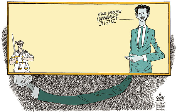 Oliver Schopf, politischer Karikaturist aus Österreich, politische Karikaturen aus Österreich, Karikatur Cartoon Illustrationen Politik Politiker Österreich 2021: JUSTIZ WIRTSCHAFTS- UND KORRUPTIONSSTAATSANWALTSCHAFT WKStA SEBASTIAN KURZ ÖVP TÜRKIS PUPPE PUPPENSPIELER INS BILD SETZEN BILDERRAHMEN UNABHÄNGIG
