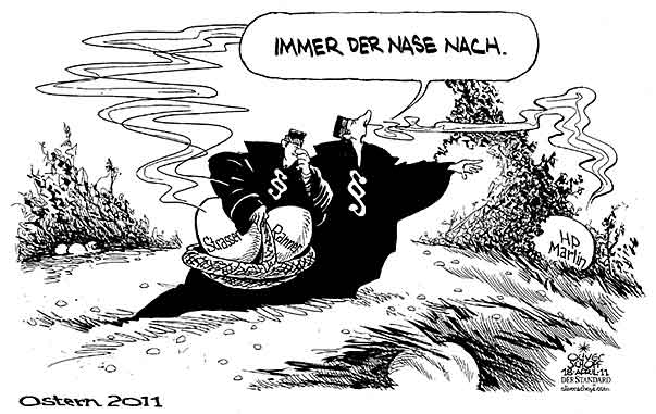 Oliver Schopf, politischer Karikaturist aus Österreich, politische Karikaturen aus Österreich, Karikatur, Illustrationen Politik Politiker Österreich 2011: justiz Hans-Peter Martin ostereier geruch faul strasser ranner korruption