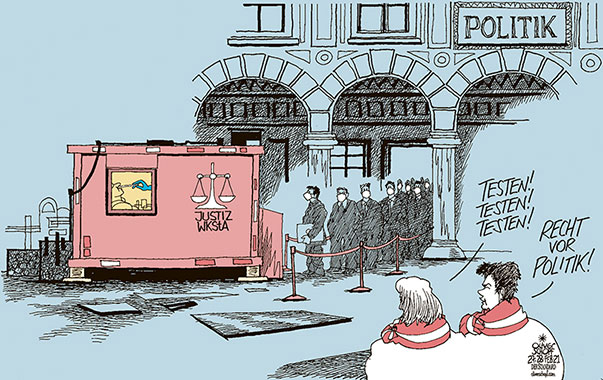  Oliver Schopf, politischer Karikaturist aus Österreich, politische Karikaturen, Illustrationen Archiv politische Karikatur Österreich 2021 ÖVP POLITIK JUSTIZ WIRTSCHAFTS- UND KORRUPTIONSSTAATSANWALTSCHAFT WKStA CORONAVIRUS COVID-19 TEST TESTEN CONTAINER POLITIK VOR RECHT KICKL ABSTRICH 
    