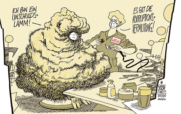  Oliver Schopf, politischer Karikaturist aus Österreich, politische Karikaturen, Illustrationen Archiv politische Karikatur Österreich 2021 JUSTIZ WIRTSCHAFTS- UND KORRUPTIONSSTAATSANWALTSCHAFT WKStA UNSCHULDSVERMUTUNG UNSCHULDSLAMM SCHAF UNGESCHOREN WOLLE FRISEURIN FRISIERSALON SCHEREN KORRUPTION VERDACHT UNTERSUCHEN
    