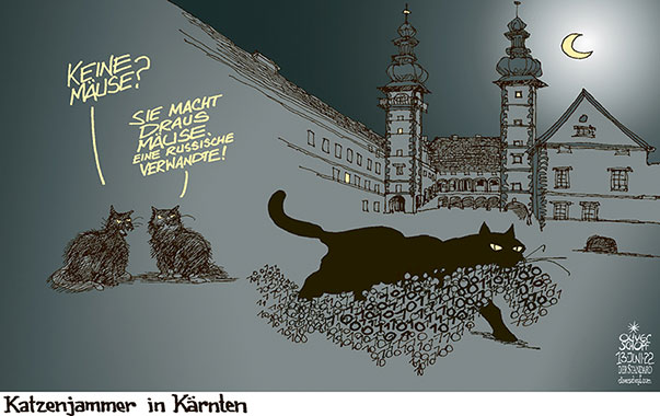 Oliver Schopf, politischer Karikaturist aus Österreich, politische Karikaturen aus Österreich, Karikatur Cartoon Illustrationen Politik Politiker Österreich 2022: KÄRNTEN KLAGENFURT LANDHAUS HACKER ANGRIFF BLACKCAT DATEN DATENKLAU RUSSLAND KATZEN MÄUSE 
