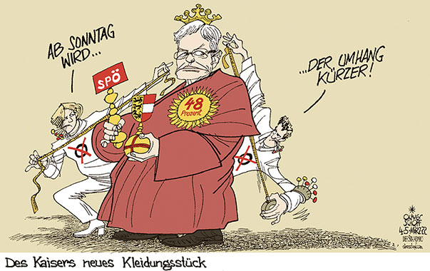 Oliver Schopf, politischer Karikaturist aus Österreich, politische Karikaturen aus Österreich, Karikatur Cartoon Illustrationen Politik Politiker Österreich 2023: KÄRNTEN LANDTAGSWAHLEN PETER KAISER LANDESHAUPTMANN STIMMEN VERLUST SCHNEIDER MASSBAND MASS NEHMEN WÄHLER DES KAISERS NEUE KLEIDER 
