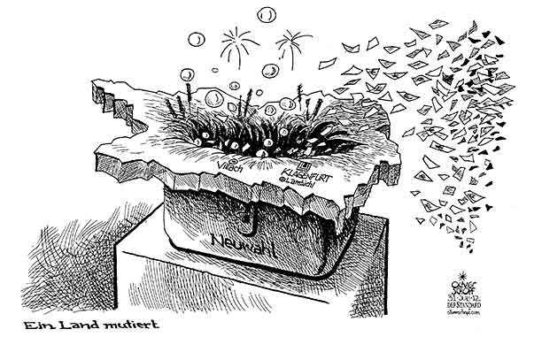 Oliver Schopf, politischer Karikaturist aus Österreich, politische Karikaturen aus Österreich, Karikatur, Illustrationen Politik Politiker Österreich 2012 KAERNTEN KORRUPTION SUMPF NEUWAHL WAHLURNE SCHLITZ MILLIARDEN HYPO ALPE ADRIA LAMBICHL