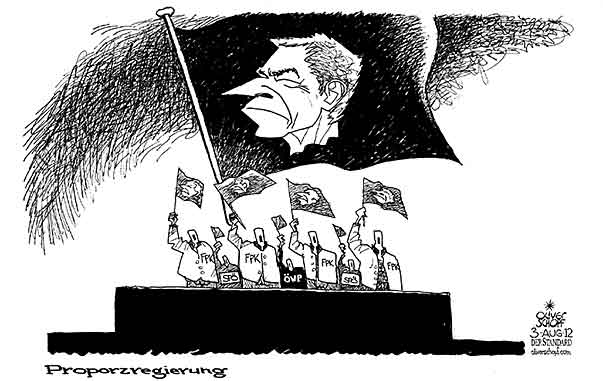 Oliver Schopf, politischer Karikaturist aus Österreich, politische Karikaturen aus Österreich, Karikatur, Illustrationen Politik Politiker Österreich 2012 KAERNTEN LANDESREGIERUNG PROPORZ JOERG HAIDER FAHNE SCHEUCH FPK