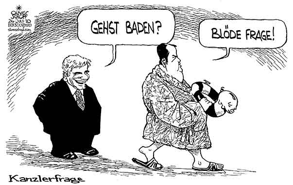 Oliver Schopf, politischer Karikaturist aus Österreich, politische Karikaturen aus Österreich, Karikatur, Illustrationen Politik Politiker Österreich 2010: faymann proell umfrage kanzler frage baden bademantel