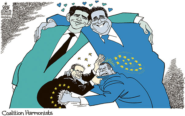 Oliver Schopf, politischer Karikaturist aus Österreich, politische Karikaturen, Illustrationen Archiv politische Karikatur Österreich: Europawahl 2019 REGIERUNG KOALITION TÜRKIS BLAU ÖVP FPÖ SEBASTIAN KURZ STRACHE OTHMAR KARAS HARALD VILIMSKY EU WAHL KANDIDAT

 