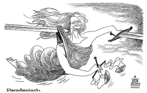 Oliver Schopf, politischer Karikaturist aus Österreich, politische Karikaturen aus Österreich, Karikatur, Illustrationen Politik Politiker Österreich  2013 KARL BEATRIX JUSTIZMINISTERIN STRAFVOLLZUG PARADIES ENGEL JUSTITIA SCHWERT





