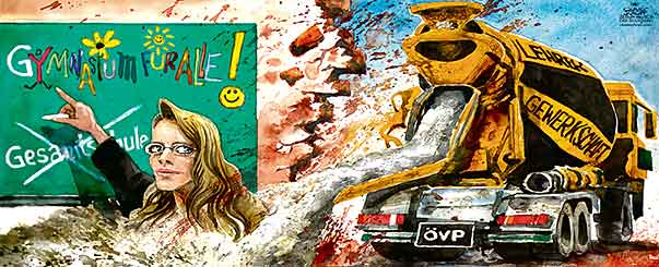 Oliver Schopf, politischer Karikaturist aus Österreich, politische Karikaturen aus Österreich, Karikatur, Illustrationen Politik Politiker Österreich 2010: beatrix karl wissenschaftsministerin gymnasium gesamtschule schultafel beton mischmaschine lkw





 
  