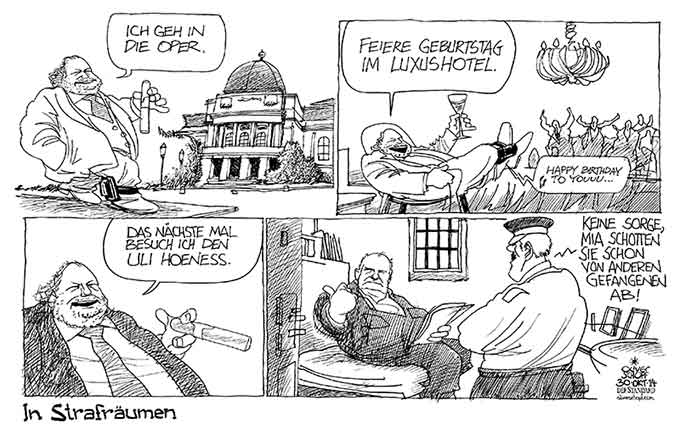 Oliver Schopf, politischer Karikaturist aus Österreich, politische Karikaturen aus Österreich, Karikatur Cartoon Illustrationen Politik Politiker Österreich 2014: HANNES KARTNIG ULI HOENEß STRAFE FUSSFESSEL FUSSBALL GEFAENGNIS ZELLE OPER 


