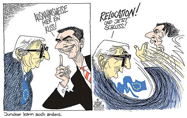  Oliver Schopf, politischer Karikaturist aus Österreich, politische Karikaturen, Illustrationen Archiv politische Karikatur Asylrecht Migration in Österreich  2017 BUNDESKANZLER KERN FLÜCHTLINGE RELOCATION JEAN CLAUDE JUNCKER KUSS KÜSSEN WATSCHEN OHRFEIGE 




