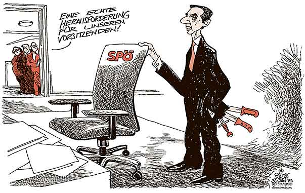 Oliver Schopf, politischer Karikaturist aus Österreich, politische Karikaturen aus Österreich, Karikatur Cartoon Illustrationen Politik Politiker Österreich 2018 : SPÖ CHRISTIAN KERN PARTEIVORSITZENDER MESSER HACKELN INS KREUZ STUHL SESSEL SITZEN 


