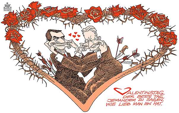Oliver Schopf, politischer Karikaturist aus Österreich, politische Karikaturen aus Österreich, Karikatur Cartoon Illustrationen Politik Politiker Österreich 2017   REGIERUNG KOALITION KERN MITTERLEHNER VALENTINSTAG HERZ ROSEN LIEBESPFEILE HACKEL IM KREUZ 







