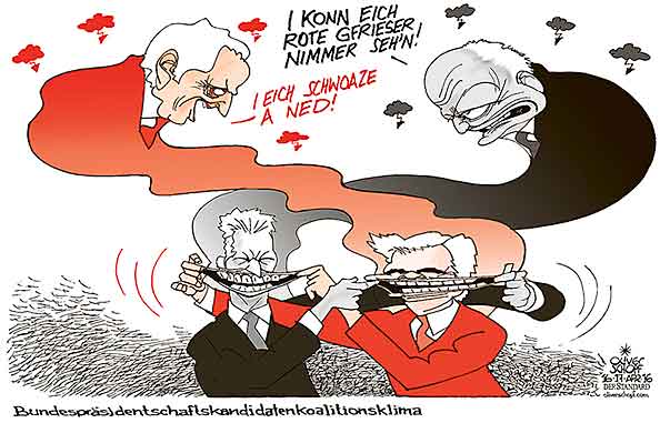 Oliver Schopf, politischer Karikaturist aus Österreich, politische Karikaturen aus Österreich, Karikatur, Illustrationen Politik Politiker Österreich  2015  BUNDESPRÄSIDENTSCHAFTSWAHL KANDIDATEN TV KONFRONTATION ORF ANDREAS KHOL RUDOLF HUNDSTORFER REGIERUNG KOALITIONSKLIMA FAYMANN MITTERLEHNER ROTE GFRIESER
