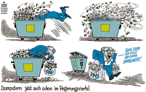 Oliver Schopf, politischer Karikaturist aus Österreich, politische Karikaturen aus Österreich, Karikatur Cartoon Illustrationen Politik Politiker Österreich 2023: FPÖ KICKL REGIERUNG TÜRKIS GRÜN MÜLLTONNE ABFALL MIST DUMPSTER DIVING MISTSTIERLER UMFRAGEN UMFRAGEWERTE NAHRUNG SPEISEN 
