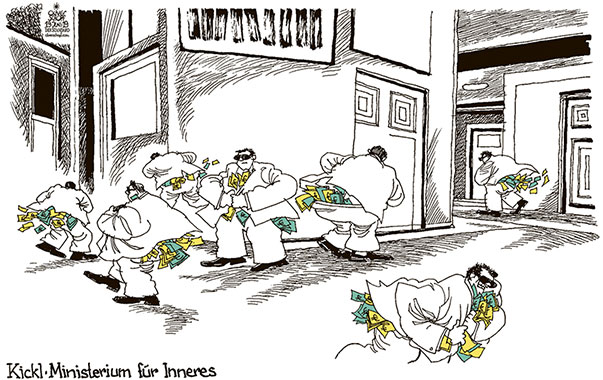  Oliver Schopf, politischer Karikaturist aus Österreich, politische Karikaturen, Illustrationen Archiv politische Karikatur Österreich  2019 INNENMINISTERIUM HERBERT KICKL KABINETT GEHÄLTER SELBSTBEDIENUNGSLADEN  GELD IN DIE TASCHE STECKEN VERDIENSTE MISSBRAUCH KORRUPTION 

