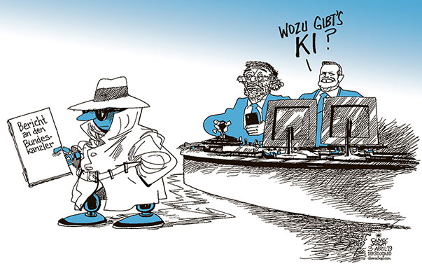 Oliver Schopf, politischer Karikaturist aus Österreich, politische Karikaturen aus Österreich, Karikatur Cartoon Illustrationen Politik Politiker Österreich 2019 : REGIERUNG KOALITION BERICHT KANZLER NACHRICHTENDIENST SPION AGENT KICKL KUNASEK ROBOTER KÜNSTLICHEINTELLIGENZ KI 
