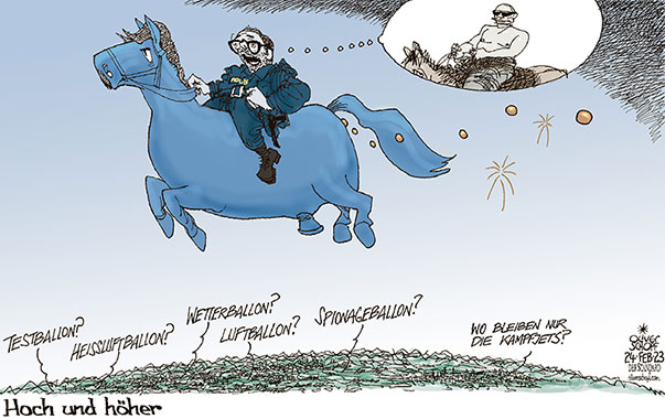 Oliver Schopf, politischer Karikaturist aus Österreich, politische Karikaturen aus Österreich, Karikatur Cartoon Illustrationen Politik Politiker Österreich 2022: FPÖ HERBERT KICKL STEIGENDE UMFRAGEWERTE BALLON WETTERBALLON HEISSLUFTBALLON SPIONAGEBALLON TESTBALLON  BERITTENE POLIZEI PFERD PUTIN 
