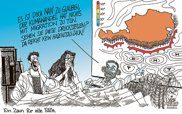  Oliver Schopf, politischer Karikaturist aus Österreich, politische Karikaturen, Illustrationen Archiv politische Karikatur Österreich  2019 HERBERT KICKL GRENZZAUN DRUCKSTELLEN HASENSTALL ZAUN NAIV FLÜCHTLINGE MIGRATION KLIMAWANDEL WETTERBERICHT HOCH TIEF 

