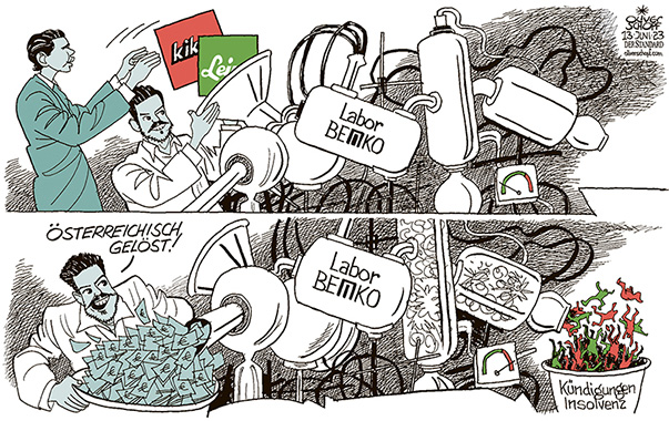 Oliver Schopf, politischer Karikaturist aus Österreich, politische Karikaturen aus Österreich, Karikatur Cartoon Illustrationen Politik Politiker Österreich 2023: KIKA LEINER INSOLVENZ KÜNDIGUNGEN SEBASTIAN KURZ RENÉ BENKO CHEMIE LABOR ÖSTERREICHISCHE LÖSUNG REAGENZGLAS GELD GEWINN 


