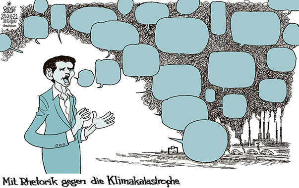  Oliver Schopf, politischer Karikaturist aus Österreich, politische Karikaturen, Illustrationen Archiv politische Karikatur Österreich: Klima und Umwelt 2021 KLIMA KLIMAKATASTROPHE KLIMAWANDEL SEBASTIAN KURZ SPRECHBLASEN RHETORIK EMMISSIONEN CO2
