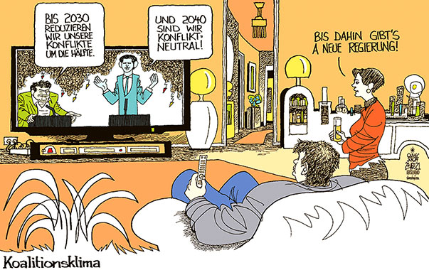 Oliver Schopf, politischer Karikaturist aus Österreich, politische Karikaturen aus Österreich, Karikatur Cartoon Illustrationen Politik Politiker Österreich 2021: REGIERUNG KOALITION TÜRKIS GRÜN ÖVP DIE GRÜNEN SEBASTIAN KURZ WERNER KOGLER KLIMAGESETZ STREIT KONFLIKTE TV PRESSEKONFERENZ WOHNZIMMER NACHRICHTEN

