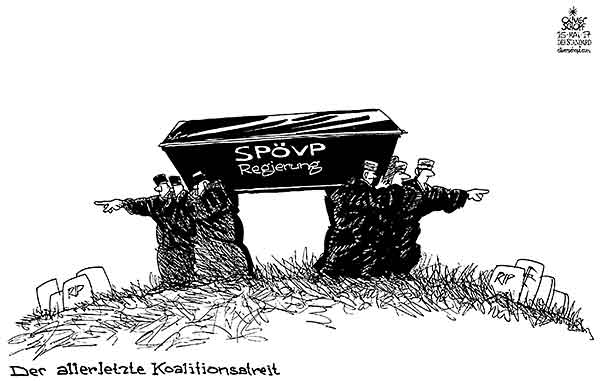 Oliver Schopf, politischer Karikaturist aus Österreich, politische Karikaturen aus Österreich, Karikatur, Illustrationen Politik Politiker Österreich  2017 REGIERUNG KOALITION SPÖ ÖVP SARG TOT BEGRÄBNIS STREIT


