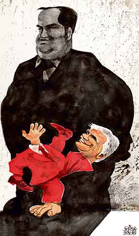  Oliver Schopf, politischer Karikaturist aus Österreich, politische Karikaturen aus Österreich, Karikatur Illustrationen politische Karikaturen Österreich: 2009: nach der Wahl Oberösterreich Vorarlberg   große koalition, josef proell, werner faymann, roter Zwerg , schwarz, schatten Politik Politiker 

   